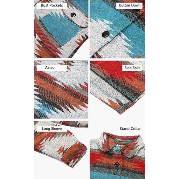 Multicolor Aztec Tribal Print Button Down Corduroy Shacket Jacket Coat - Picture 8 of 9